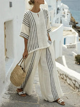 Round Neck Printed Comfortable Striped T-Shirt Wide Leg Pants Suit