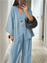 2025 Loose Women's V-Neck Top and Wide Leg Pants Casual Set