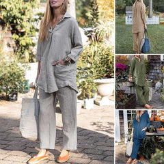 Loose Lapel Long Sleeve Shirt Wide Leg Pants Solid Colour Elegant Casual Suit