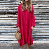 2025 Summer Loose Solid Color Cotton and Linen Fashion Long Sleeve Shirt Long Dress