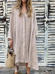 2025 Summer Loose Solid Color Cotton and Linen Fashion Long Sleeve Shirt Long Dress