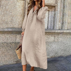 (Any 2 pieces 25% off) New Cotton Linen Solid Colour Long Sleeve V-Neck Button Long Dress