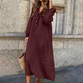 (Any 2 pieces 25% off) New Cotton Linen Solid Colour Long Sleeve V-Neck Button Long Dress