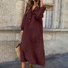 (Any 2 pieces 25% off) New Cotton Linen Solid Colour Long Sleeve V-Neck Button Long Dress