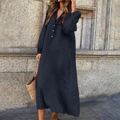 (Any 2 pieces 25% off) New Cotton Linen Solid Colour Long Sleeve V-Neck Button Long Dress