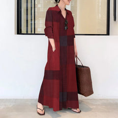 Cotton and linen dark check print lapel long sleeve pocket long shirt dress