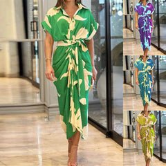 【2 pieces 25% off】Printed lapel short-sleeved high-waisted long shirt dress