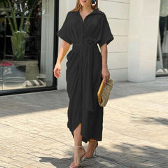 【2 pieces 25% off】 Fashionable lace-up waisted short-sleeved single-breasted solid color shirt dress