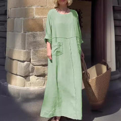 (25% Off Any Two Items)Solid Color Round Neck Cotton Linen Long Sleeve Casual Pleated Double Side Pocket Dress