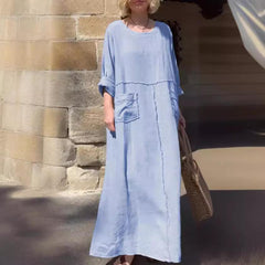 (25% Off Any Two Items)Solid Color Round Neck Cotton Linen Long Sleeve Casual Pleated Double Side Pocket Dress