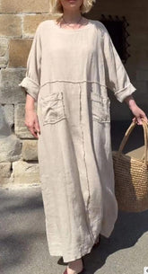 (25% Off Any Two Items)Solid Color Round Neck Cotton Linen Long Sleeve Casual Pleated Double Side Pocket Dress