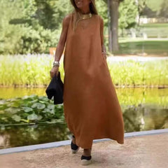 (25% Off Any Two Items)New Deep V-neck Sleeveless Long Solid Color Cotton Linen Dresses Casual