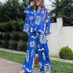 (Any two pieces 25% off) 2024 new fashion printing loose top tie high waist wide leg trousers two-piece set