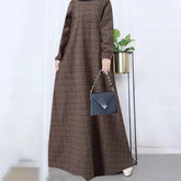 (25% Off Any Two Items)New casual women's cotton and linen retro long-sleeved plaid round-neck dresses