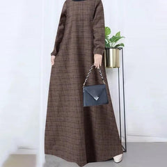 (25% Off Any Two Items)New casual women's cotton and linen retro long-sleeved plaid round-neck dresses