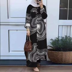 (25% Off Any Two Items)Temperament Collage Cardigan Long Sleeve Lapel Women's Shirt Long Pants Set