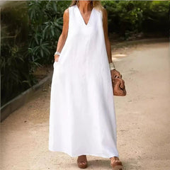 (25% Off Any Two Items)New Deep V-neck Sleeveless Long Solid Color Cotton Linen Dresses Casual