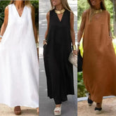 (25% Off Any Two Items)New Deep V-neck Sleeveless Long Solid Color Cotton Linen Dresses Casual