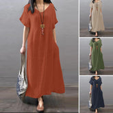 (25% Off Any Two Items) V-neck cotton linen loose casual solid colour pocket dress