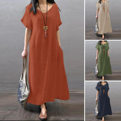 (25% Off Any Two Items) V-neck cotton linen loose casual solid colour pocket dress
