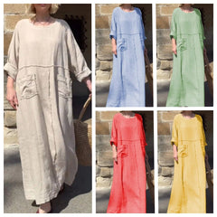 (25% Off Any Two Items)Solid Color Round Neck Cotton Linen Long Sleeve Casual Pleated Double Side Pocket Dress