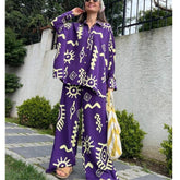 (Any two pieces 25% off) 2024 new fashion printing loose top tie high waist wide leg trousers two-piece set