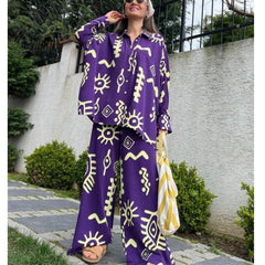 (Any two pieces 25% off) 2024 new fashion printing loose top tie high waist wide leg trousers two-piece set