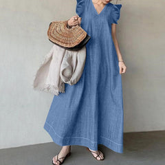 (25% Off Any Two Items) Cowboy net color temperament V-neck bohemian loose plus size long dresses