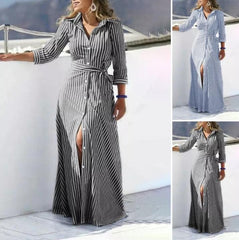 (25% Off Any Two Items) Polo Neck Temperament Cotton and Linen Striped Bohemian Seven Sleeve Cardigan Dress