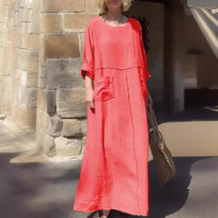 (25% Off Any Two Items)Solid Color Round Neck Cotton Linen Long Sleeve Casual Pleated Double Side Pocket Dress