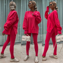 (25% off any two items)New sweatshirt suit casual loose long sleeve round neck slit top tight trousers