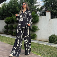 (Any two pieces 25% off) 2024 new fashion printing loose top tie high waist wide leg trousers two-piece set