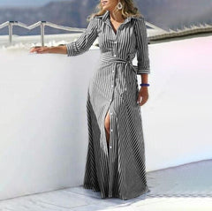 (25% Off Any Two Items) Polo Neck Temperament Cotton and Linen Striped Bohemian Seven Sleeve Cardigan Dress