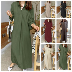 (25% off two pieces)2024 new solid color cotton linen long-sleeved temperament plus size dresses