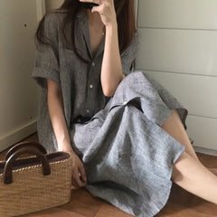 (25% off two pieces)Striped Short Sleeve Loose Linen Cotton Linen Shirt Dress