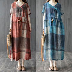 【25% Off Any 2 Pieces】Loose spliced cotton and linen printed V-neck short-sleeved dress