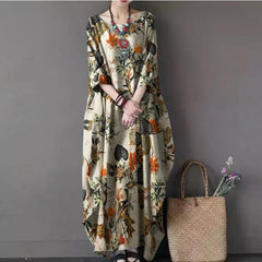 (25% off two pieces) New Cotton Linen Printed Pullover Loose Dresses