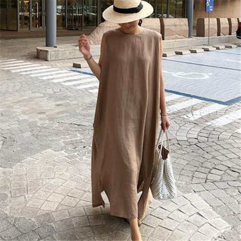 (25% off any two pieces) 2024 Summer Sleeveless Cotton Linen Linen Loose Vest Long Split Dresses