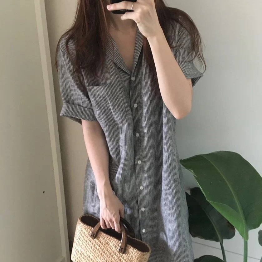 (25% off two pieces)Striped Short Sleeve Loose Linen Cotton Linen Shirt Dress