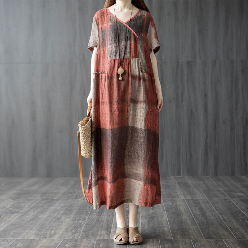 【25% Off Any 2 Pieces】Loose spliced cotton and linen printed V-neck short-sleeved dress