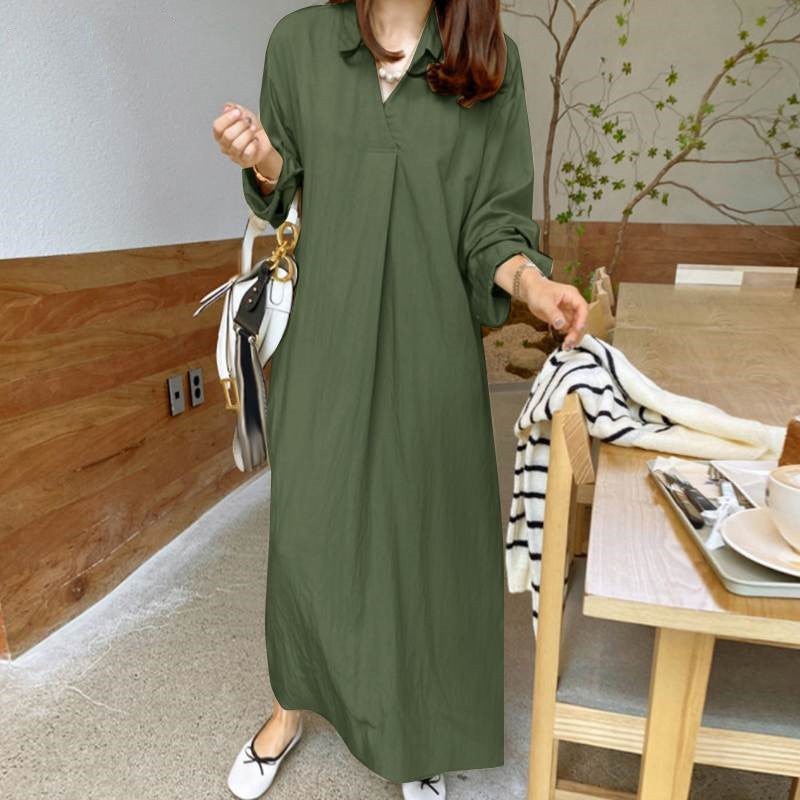 (25% off two pieces)2024 new solid color cotton linen long-sleeved temperament plus size dresses