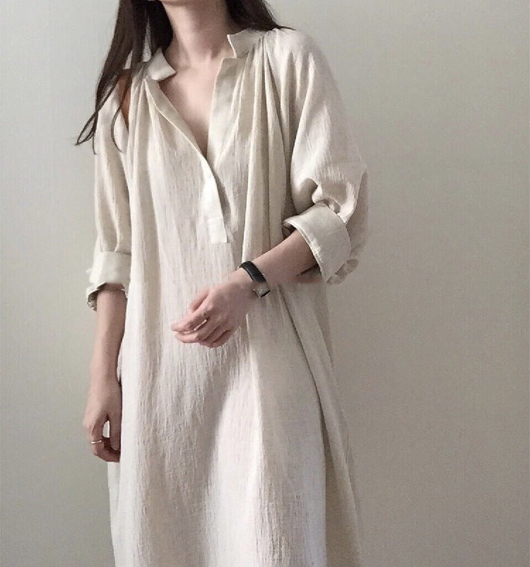 (25% OFF any 2 pieces) New Women's Cotton Linen Plus Size Long Knee Length Shirt Dresses