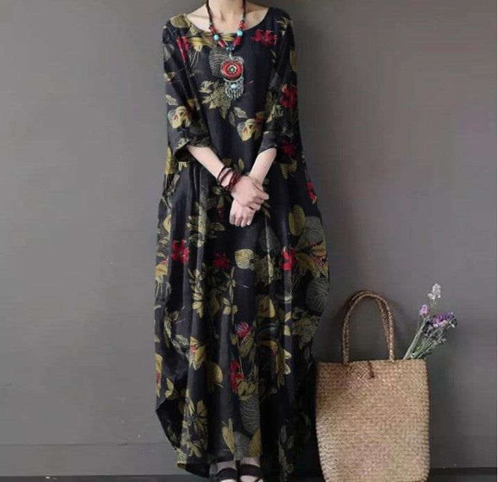 (25% off two pieces) New Cotton Linen Printed Pullover Loose Dresses