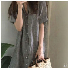 (25% off two pieces)Striped Short Sleeve Loose Linen Cotton Linen Shirt Dress