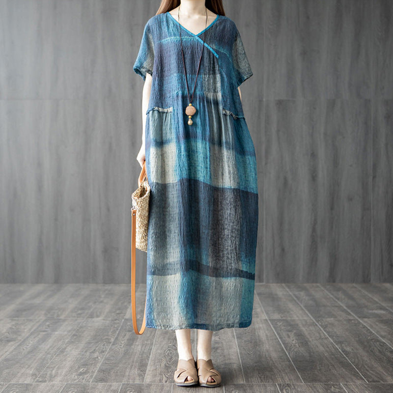 【25% Off Any 2 Pieces】Loose spliced cotton and linen printed V-neck short-sleeved dress