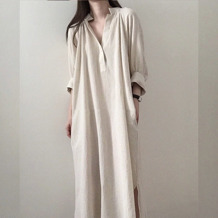 (25% OFF any 2 pieces) New Women's Cotton Linen Plus Size Long Knee Length Shirt Dresses