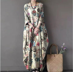 (25% off two pieces) New Cotton Linen Printed Pullover Loose Dresses