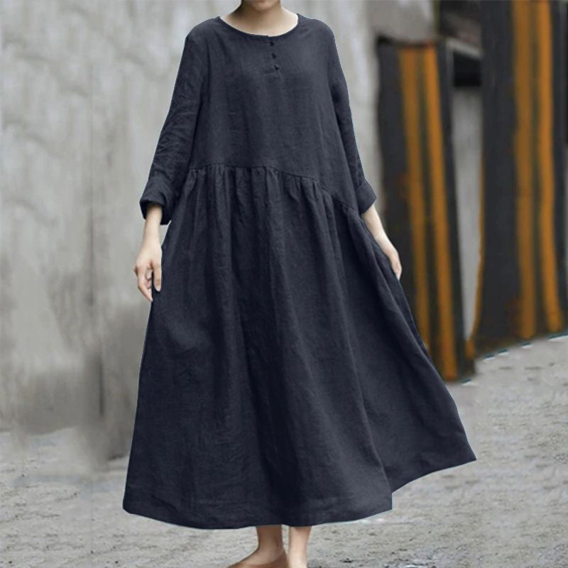 (Two 25% off) 2024 New Solid Color Cotton Linen Irregular Patchwork Round Neck Pocket Dress