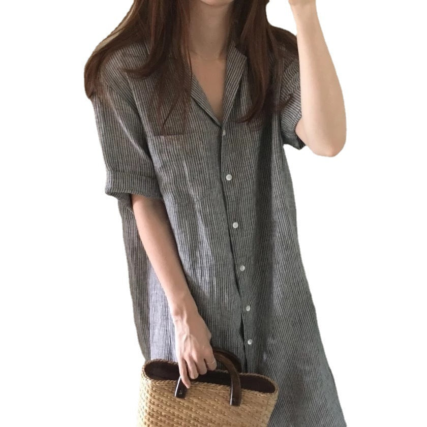 (25% off two pieces)Striped Short Sleeve Loose Linen Cotton Linen Shirt Dress