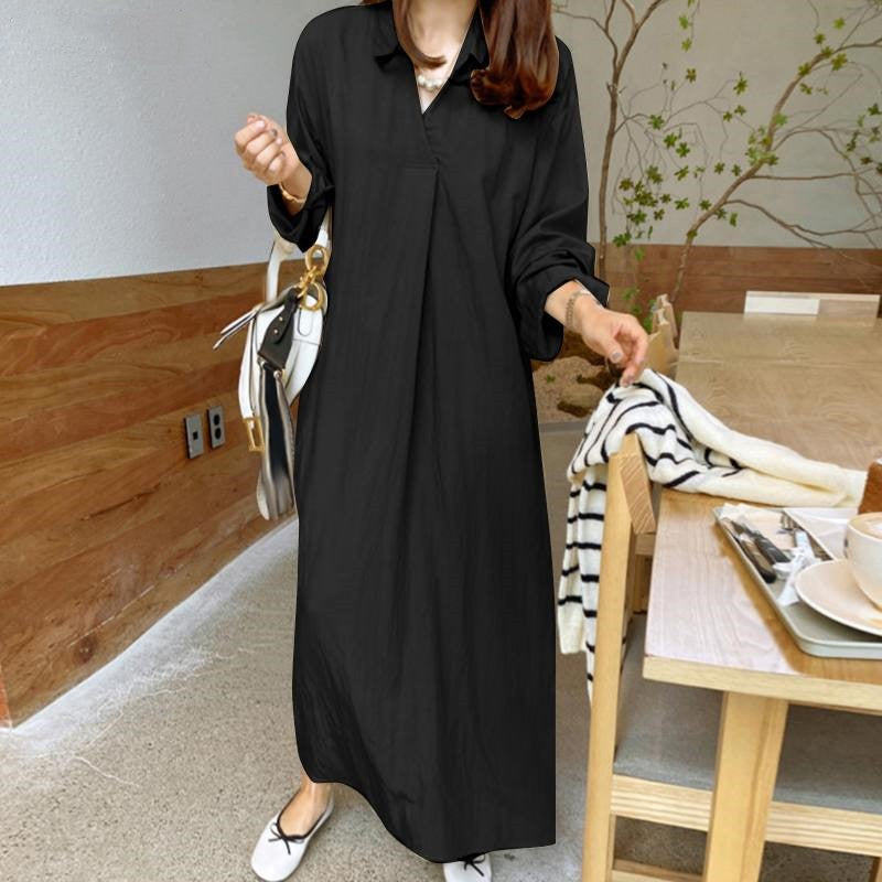 (25% off two pieces)2024 new solid color cotton linen long-sleeved temperament plus size dresses